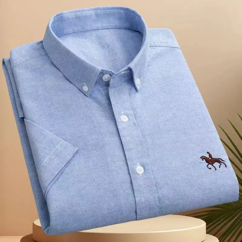 

Men's Oxford Shirts Summer Short Sleeve 100% Pure Cotton Soft Casual Horse Embroidery Social Office Dress Shirts Plus 5XL 6XL