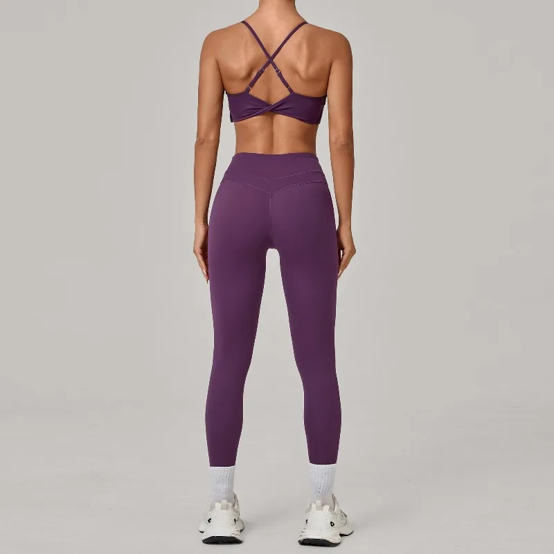 Nuovo set da yoga per donna, tracolla regolabile incrociata, reggiseno elastico a vita alta, pantaloni attillati, palestra, corsa, fitness, sport, yoga