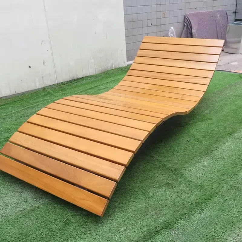 Outdoor Wooden Sunbeds Public Park Loungers Fixed Floor Garden Benches for Sale