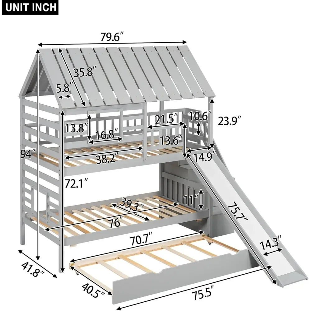 Kids Twin Over Twin Bunk Beds with Slide and Trundle, Solid Wood Bunk Bed Frame with Stairs and Storage,Roof and Window for Kids