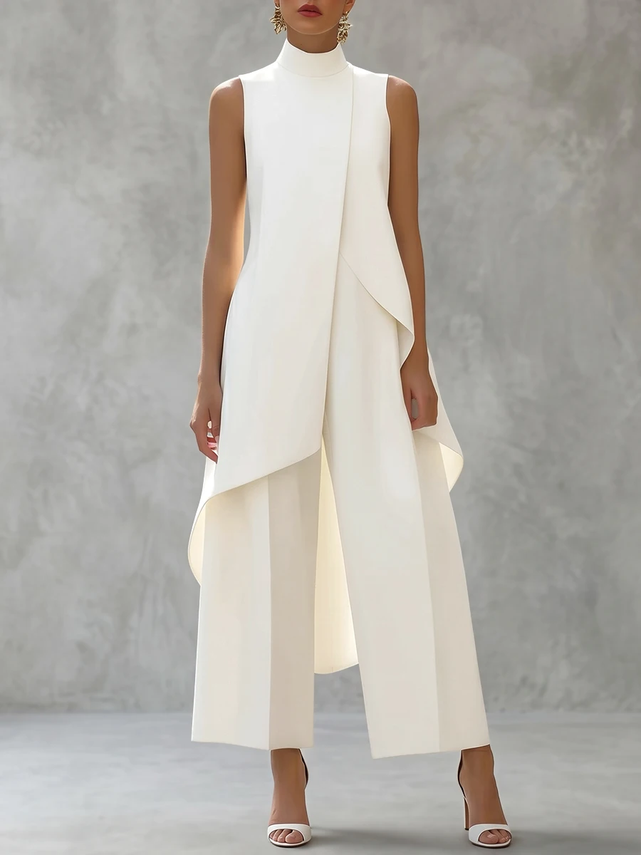 

Freeacy Women's White Mock Neck Sleeveless Pant Sets Irregular Asymmetric Layer Tunic Top High Waist Wide Leg Pants Formal Suit