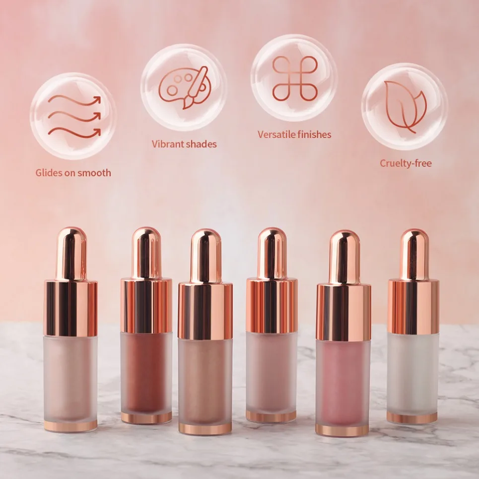 Hurtownia kosmetyków: wegański płynny rozświetlacz, cienie do powiek, rozświetlacz do ciała, konturowanie, możliwość personalizacji logo.