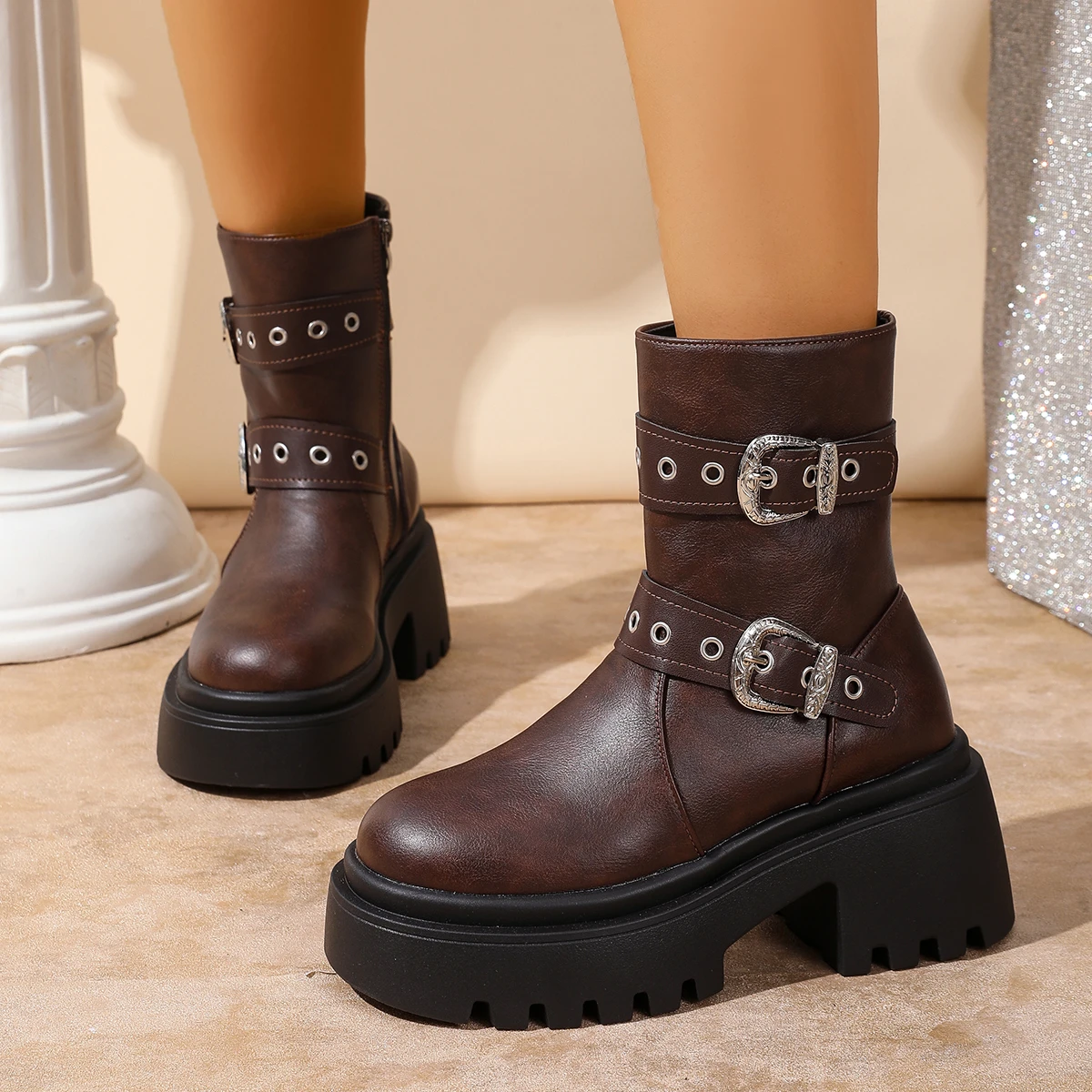 

Women's Chunky Sole Ankle Boots Zipper & Side-Zip Combat Boots Winter Fleece-Lined Booties Versatile Leather Boots Platfo 65