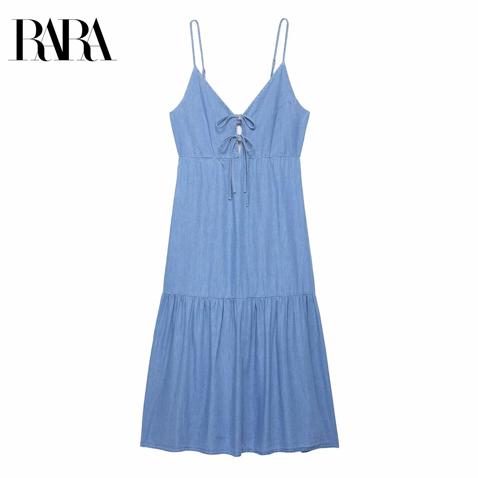 

RARA Womens Summer New V Neck Spaghetti Strap Casual Elegant Mid Length Denim Patchwork Dress with Chest Bow