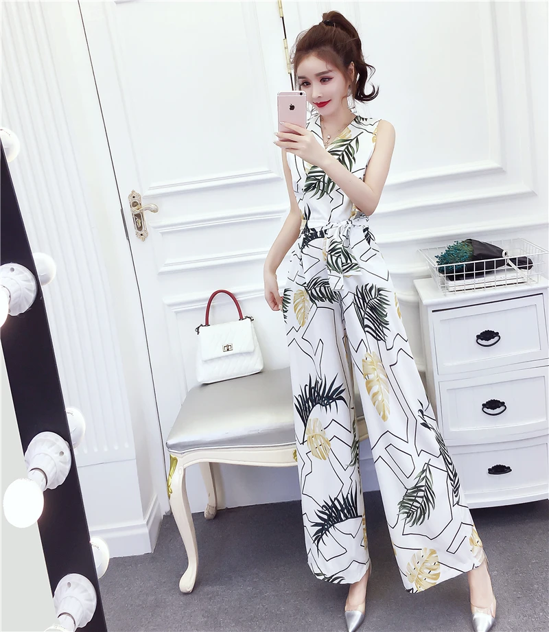 2024 Summer Woman Long Jumpsuits Elegant Sexy V-Neck Print Top & High Waist Pants Set New Fashion Casual One Pieces