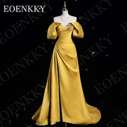 Off Shoulder Satin Gold Evening Dresses Vintage Mermaid V Neck Split Beading Appliques Wedding Party Dress Woman robes de soirée