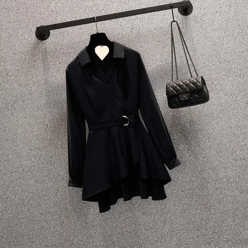 Women Shirt Dress Lapel V Neck Long Sleeves Irregular Hem Waist Tight Adjustable Belt Pullover Shirt Top Female Clothing 2025