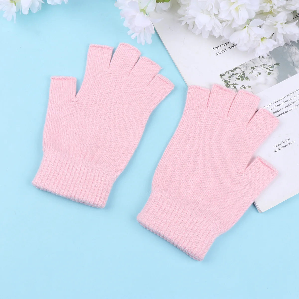 قفازات نصف إصبع محبوكة دافئة باللون الوردي للنساء للشتاء، ناعمة ومريحة ومسامية، مجموعة ملابس رائعة #1
