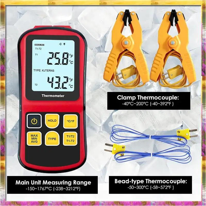 ABSU ميزان الحرارة الحراري الرقمي K نوع ميزان الحرارة مع 2 مشبك درجة الحرارة 2 مجسات الحرارية السلكية