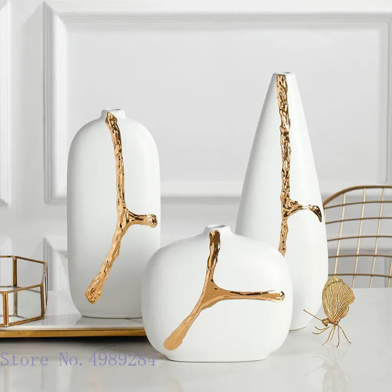 Creativity White Ceramic Vase Golden Branches Flower Arrangement Hydroponics Modern Home Decoration Wedding Flower Vase