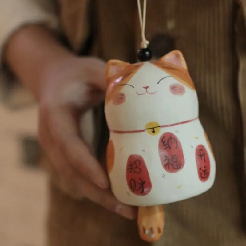 Handmade Ceramic Lucky Cat Wind Chimes Pendant Outdoor Courtyard Balcony Micro Landscape Animal Wind Chimes Garden Decoration