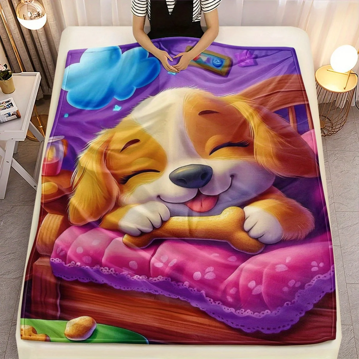

Sleeping Puppy Holding Bone Flannel Blanket Cute Dog Cartoon Print Soft Warm Bedding for Kids Room Decor Happy Pet Theme