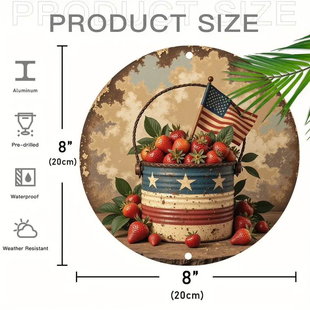 Retro American Stars Stripes Strawberry Basket Aluminum Wall Art 8x8 Inch Waterproof Durable Indoor Outdoor Home Decor