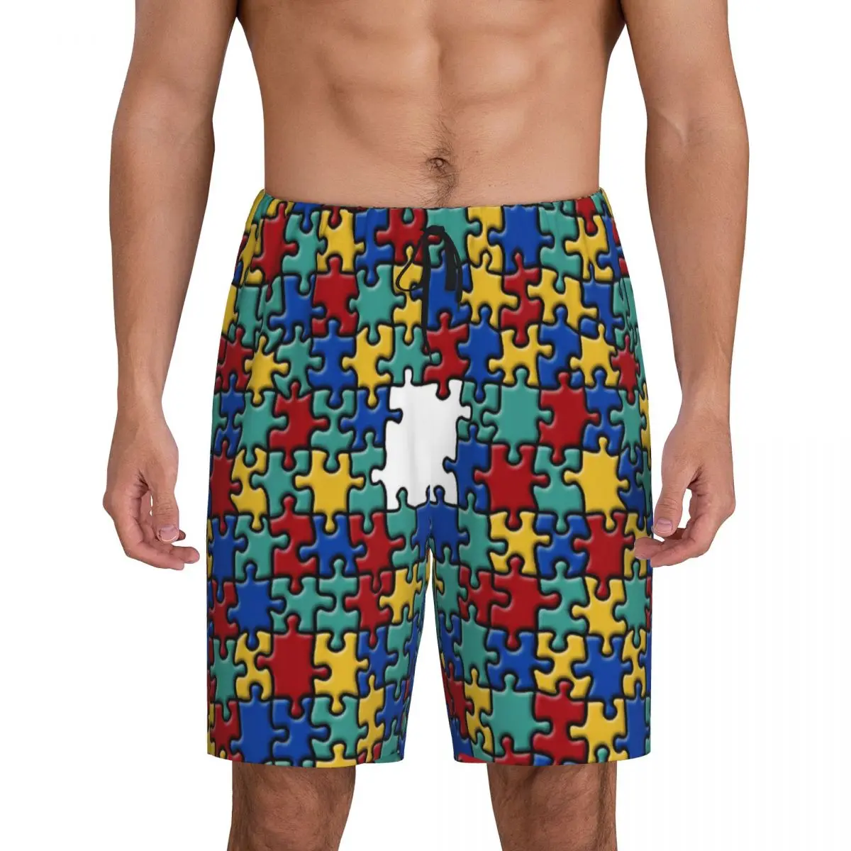 

Custom Colorful Puzzle Autism Awareness Pajama Shorts for Men Sleepwear Lounge Bottom Stretch Sleep Short Pjs with Pockets