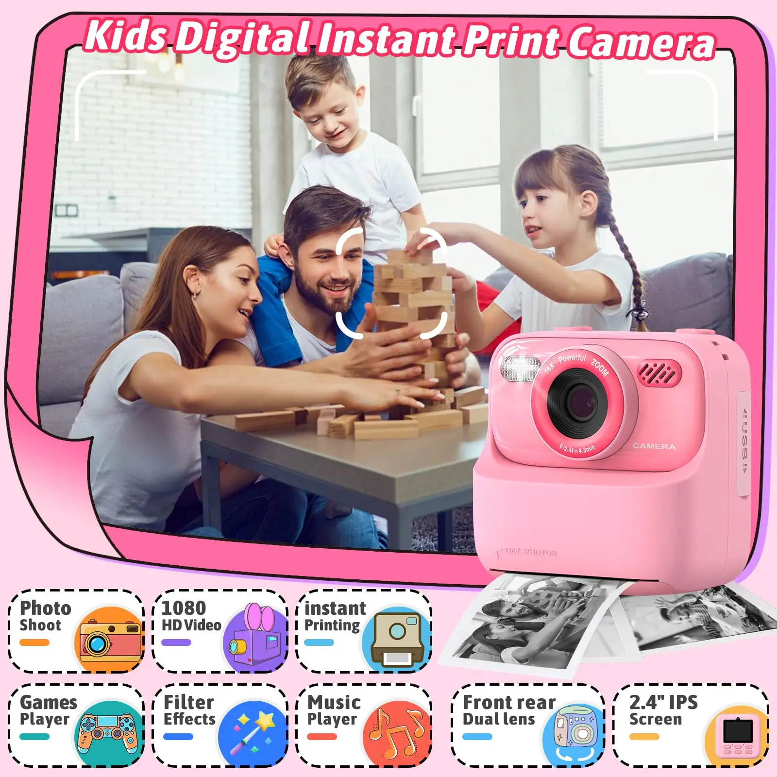 Upgrade Kids Camera Instant 1080P HD Dual Lens Selfie Digital Camera for Girls Boys Christmas Birthday Gifts Toys With 32G Print