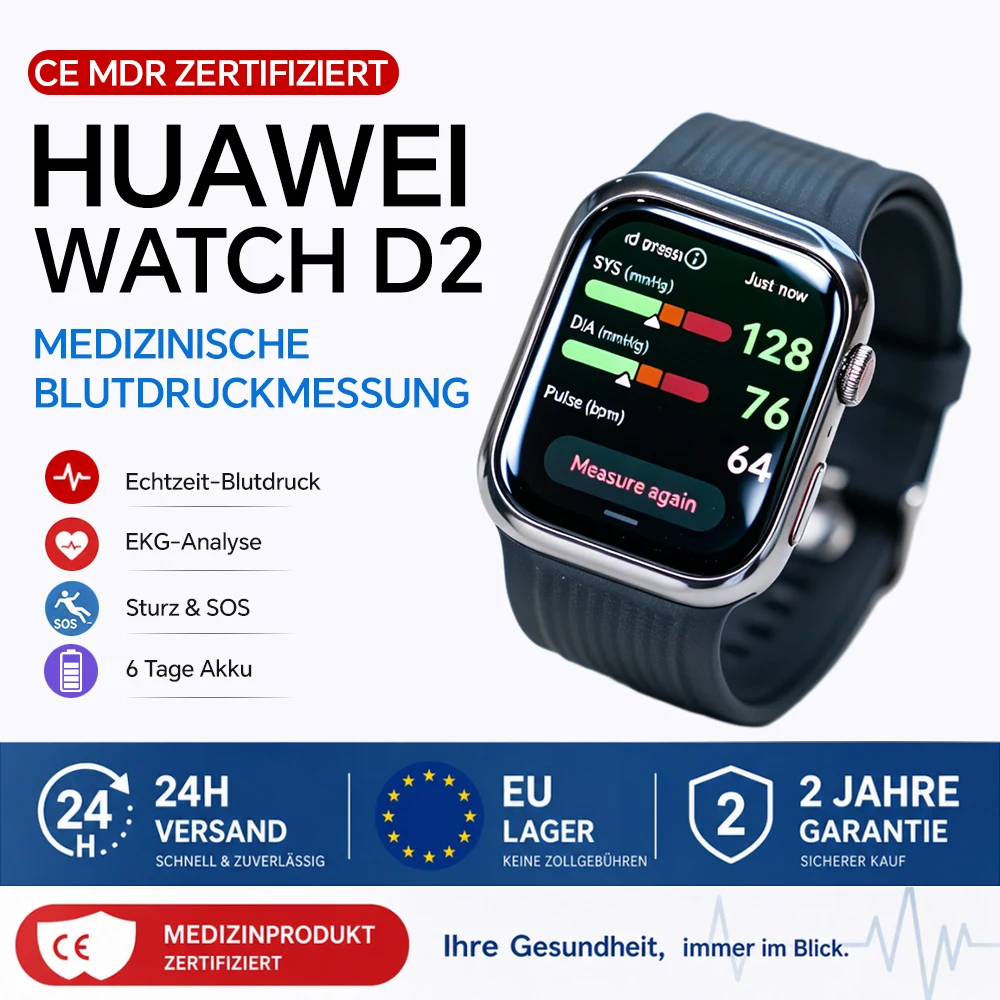 HUAWEI Watch D2 Smartwatch, 1,82" AMOLED-Display, Schwarz | Ambulante Blutdruckmessung, EKG, smarte Lifestyle-Funktionen, Gesundheits-Community, für iOS & Android