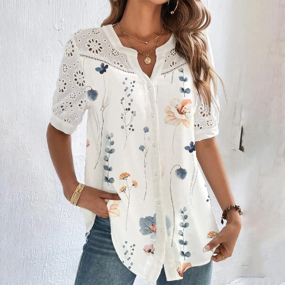 Temperament Casual Lace Woman Shirt Fashion Loose Shirt Woman Elegant Short Sleeve Woman Shirt Holiday Weekend Top