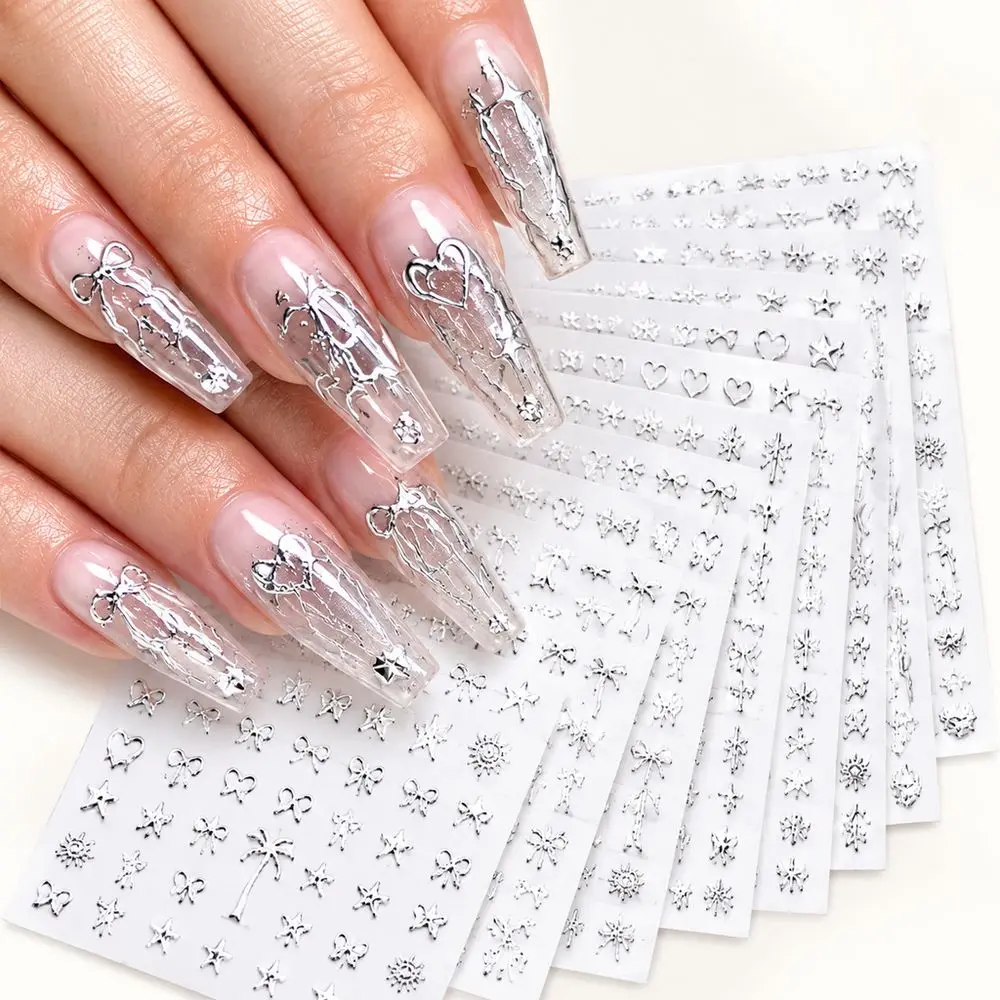 30Pcs Y2K Style Silver Nail Stickers 3D Metal Gothic Alphabet Heart Star Bow Moon Sun Cross Nail Art Decals for Nail Decor