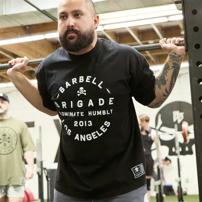 BARBELL Men Oversize Summer T-shirt Gym Fitness Loose Comfortable Sports Tees Hip Hop 100% Cotton Top Bodybuilding Workout Shirt
