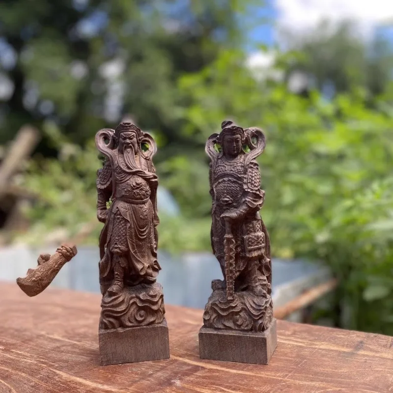 Hand Carved Dark Wooden Weituo Qielan Buddhist Guardian Statues Pair (Set of 2) - Protector Figurine Ornament Home Temple Decor