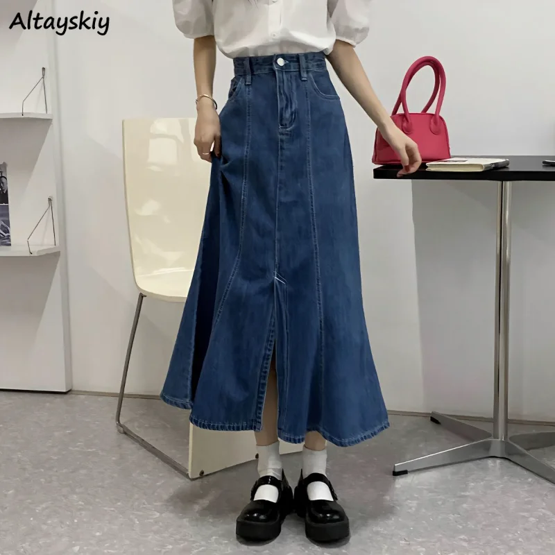 

S-5XL Denim Skirts Women Y2k Fashion Korean College High Waist Simple Slit All-match Sexy Trumpet Hotsweet Casual Elegant Spring