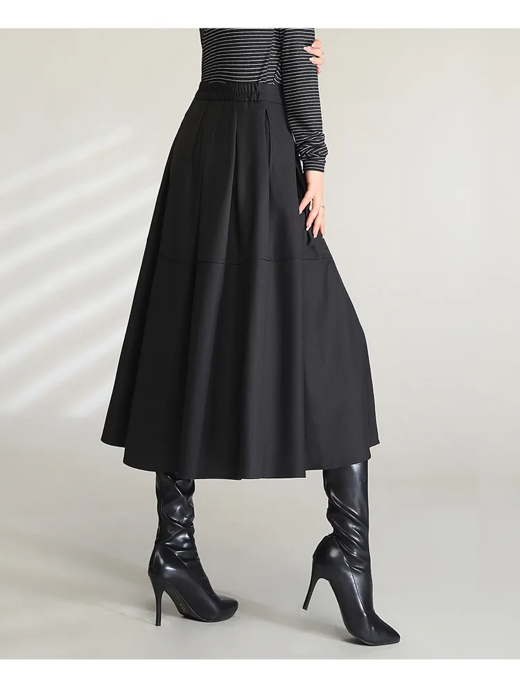 LOUIS YAO Women Elegant Black Midi Skirts 2024 High Waist Commuting Casual A Line Umbrella Long Skirt with Slit and Pockets