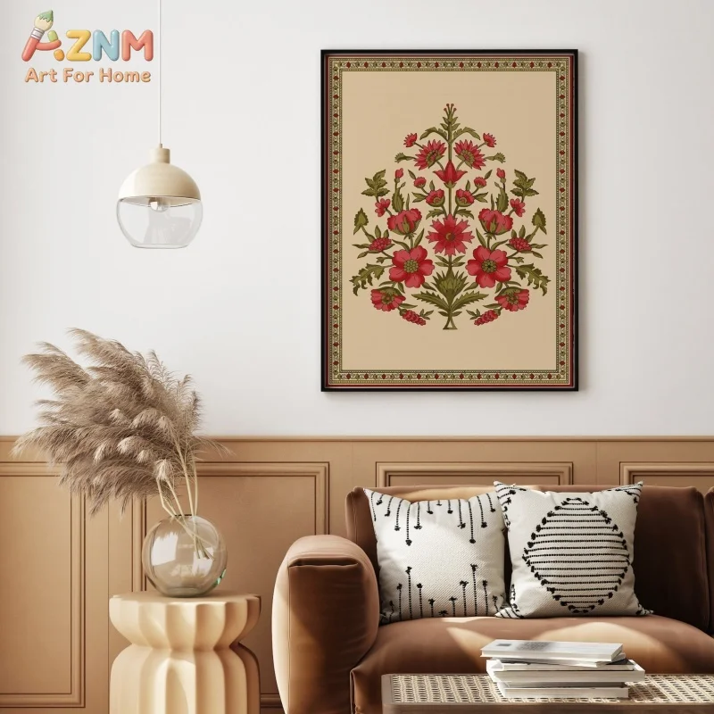 AZNM Vintage Indian Floral Canvas Wall Art Red Botanical Ethnic Border Print Unframed Canvas Boho Living Room Home Decor Poster