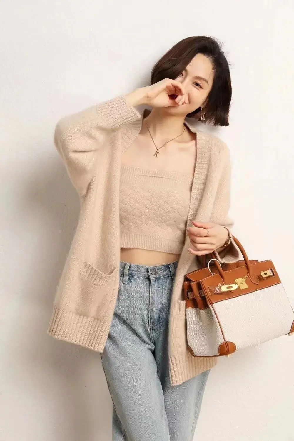 

Solid Color Style Versatile Top Cardigan Medium to Long Lazy Retro Jacket Knitted Sweater Cardigan