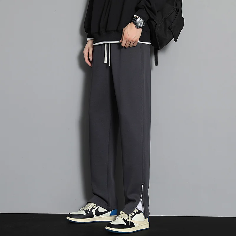 

Спортивная одежда с эластичной резинкой на талии, мужские весенне-осенние спортивные штаны, однотонные брюки, широкие прямые мужские повседневные свободные модные брюки