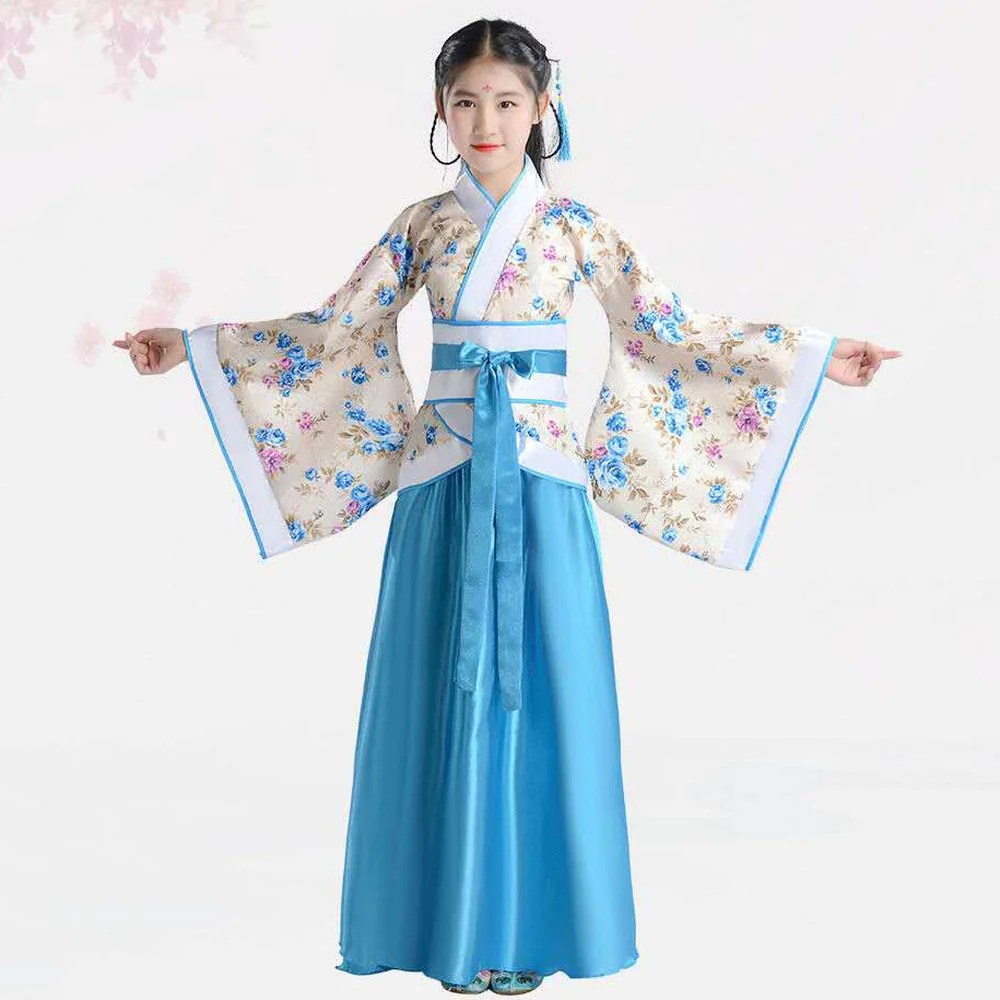 

Girl Embroidery Traditional Chinese Skirt + Kimono Top Blue Lavender Pink Red Children Hanfu Chineses Elegent Hanfu Dress Kids