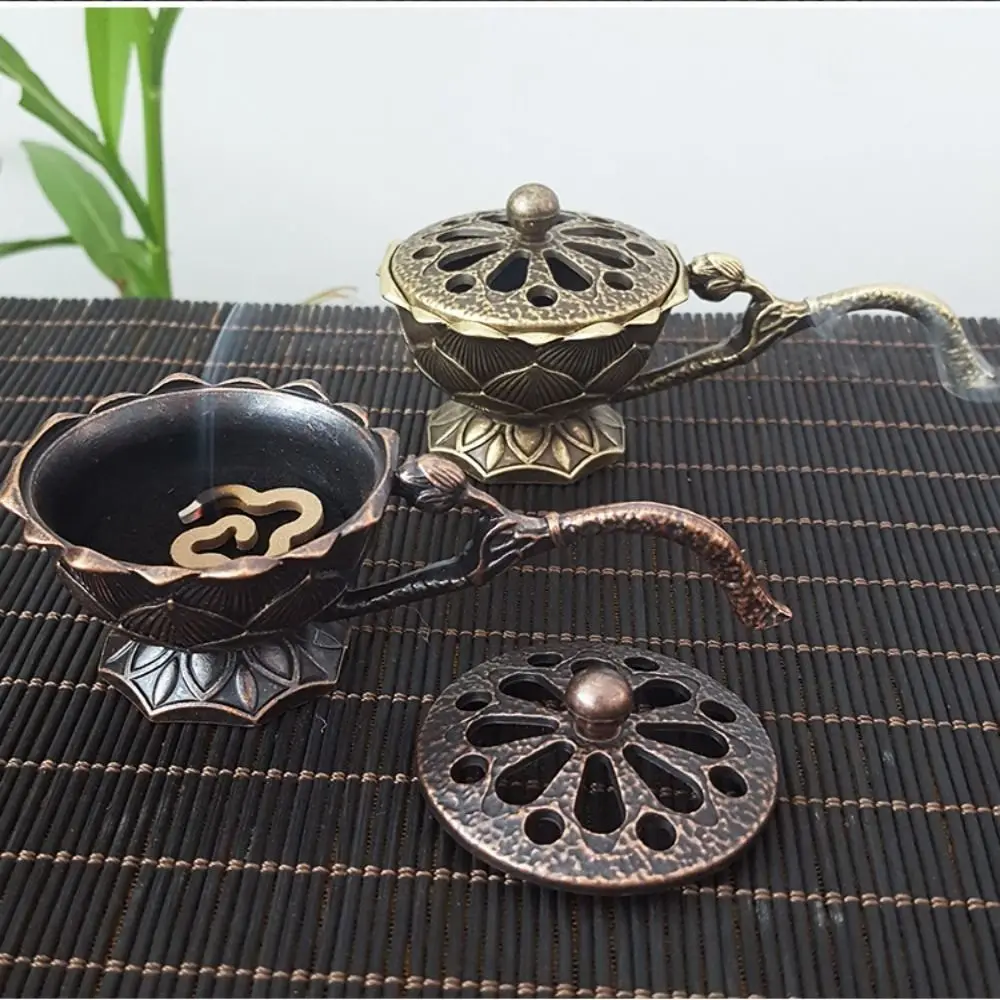 Alloy Lotus Hand Stove Small With Cover Brass Incense Holder Hollow Out Retro Copper Incense Burner Camping Garden