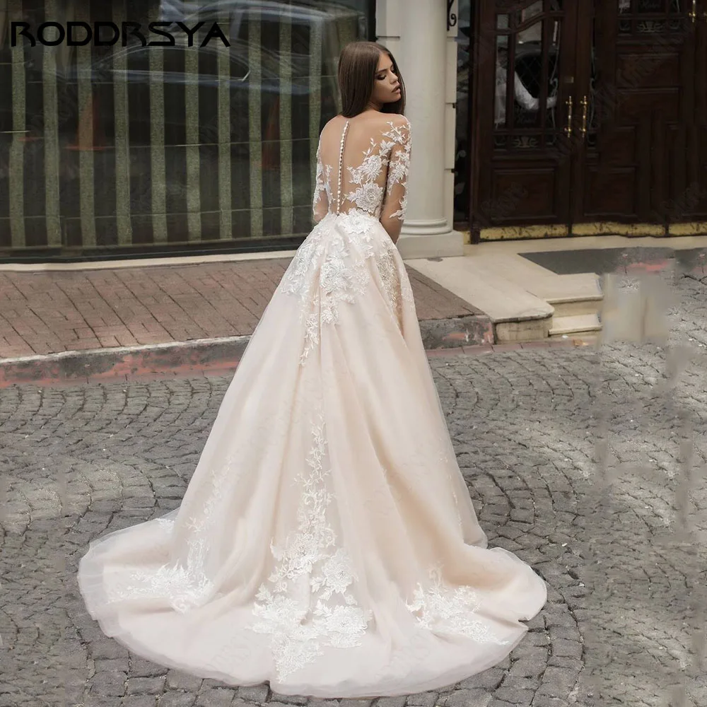 RODDRSYA Beach Long Sleeve Wedding Gowns For Bride Scoop Neck A-Line Aplique See-Through Applique Bridal Dress Robe De Mariée