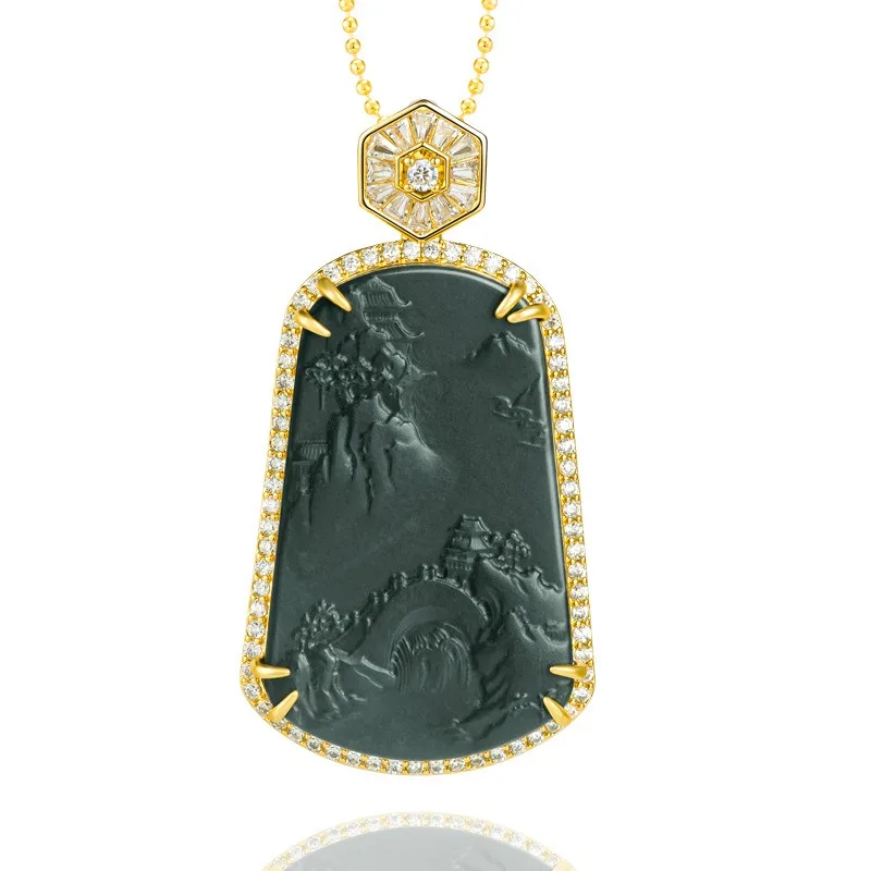 

Genuine Natural Hetian Cyan Jade Landscape Pendant 925 Silver Necklace Hand-carved Fashion Charm Jewelry Amulet Gifts for Men