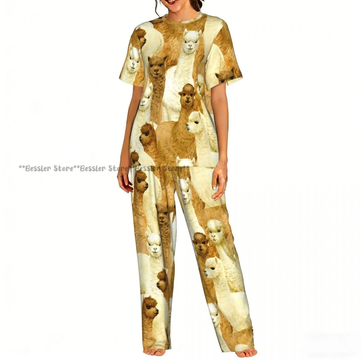 

Women Pajama Sets Lounge Sleepwear Funny Alpacas Llama Short Sleeve Nightwear