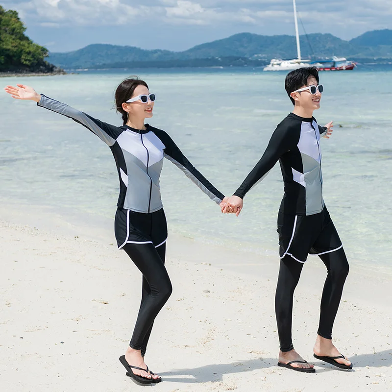 Couple Rash Guards Long Sleeve Women Men Patchwork 5/3 Pcs Swimsuit Zipper Swimwear Bathing Suits Surfing Pad Long Pant Couples