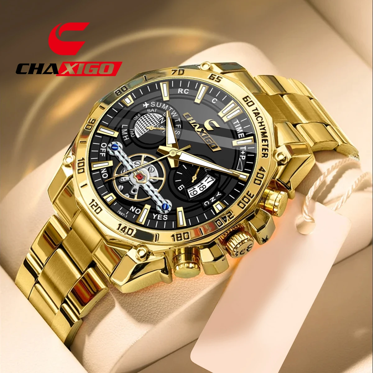 

CHAXIGO Men's Luxury Business Sport Stainless Steel Strap Chronograph Quartz Watch, 30m Water Resistance, Luminous Hands