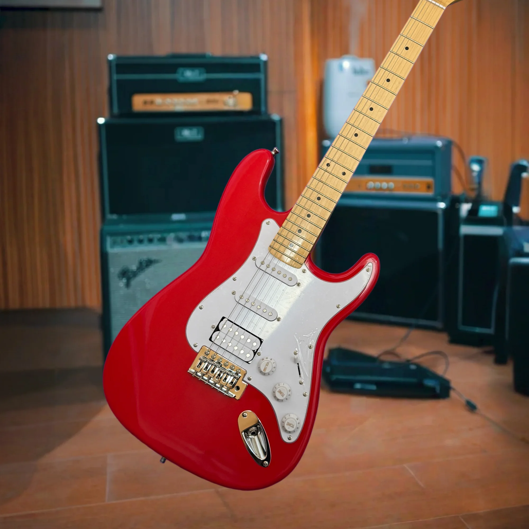 Discount Vibrant Red Gloss Finish STGUI Electric Guitar HSS Pickups Maple Fingerboard Dot Markers Comfortable C-Shaped Neck Gift