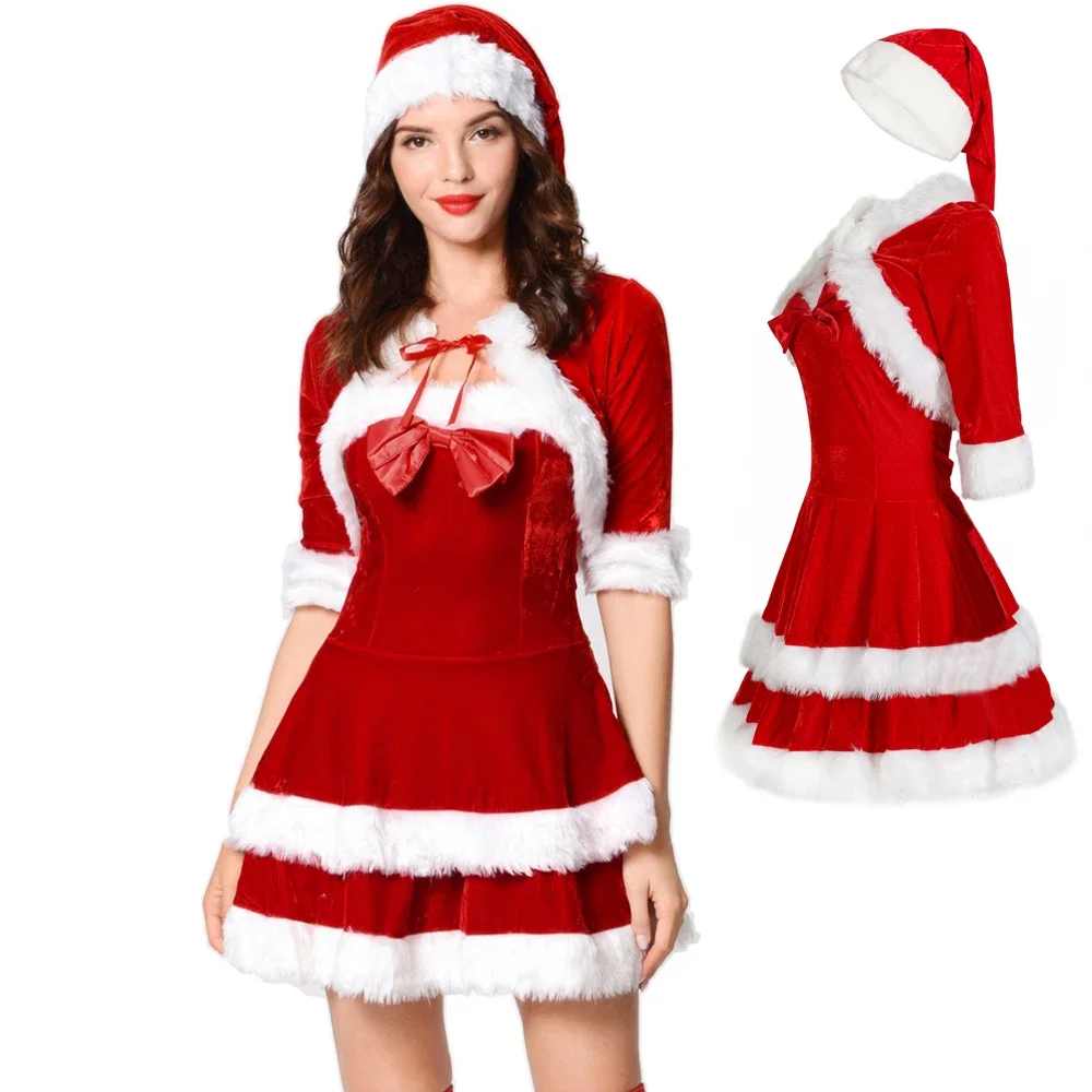 ZAWALAND Abito natalizio rosso sexy Costume cosplay Abito da donna Cappello da Babbo Natale Abito natalizio Scialle Abbigliamento da palcoscenico per feste Uniforme da donna