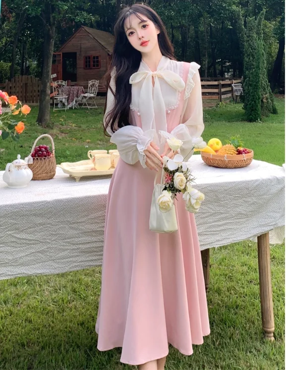 ربيع الخريف حجم كبير الحلو الوردي القوس عالية الخصر ألف خط فستان موضة الحد من العمر الشاش الربط وهمية قطعتين فساتين طويلة #4