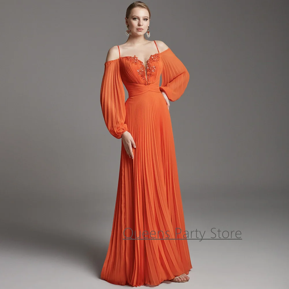 

Fashion Arabic Evening Dress Customized V Neck Puff Sleeves Beading A Line Chiffon Summer Saud Prom Gown Party Dresses