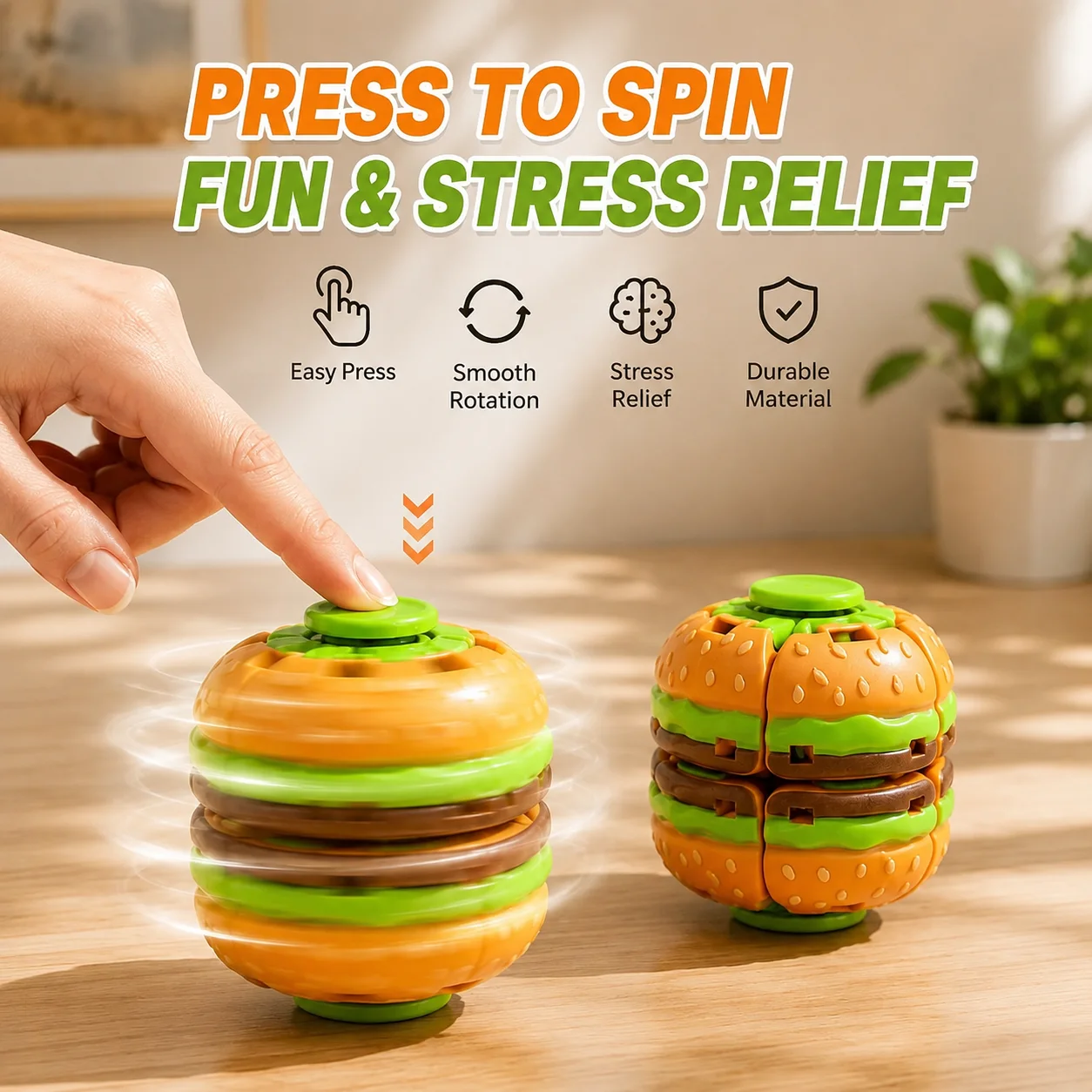 Novelty Hamburger Rotating Fidget Toy Press‑to‑Spin Gyro Ball Smooth Spin Sensory Stress Relief Gadget Table Decor Present
