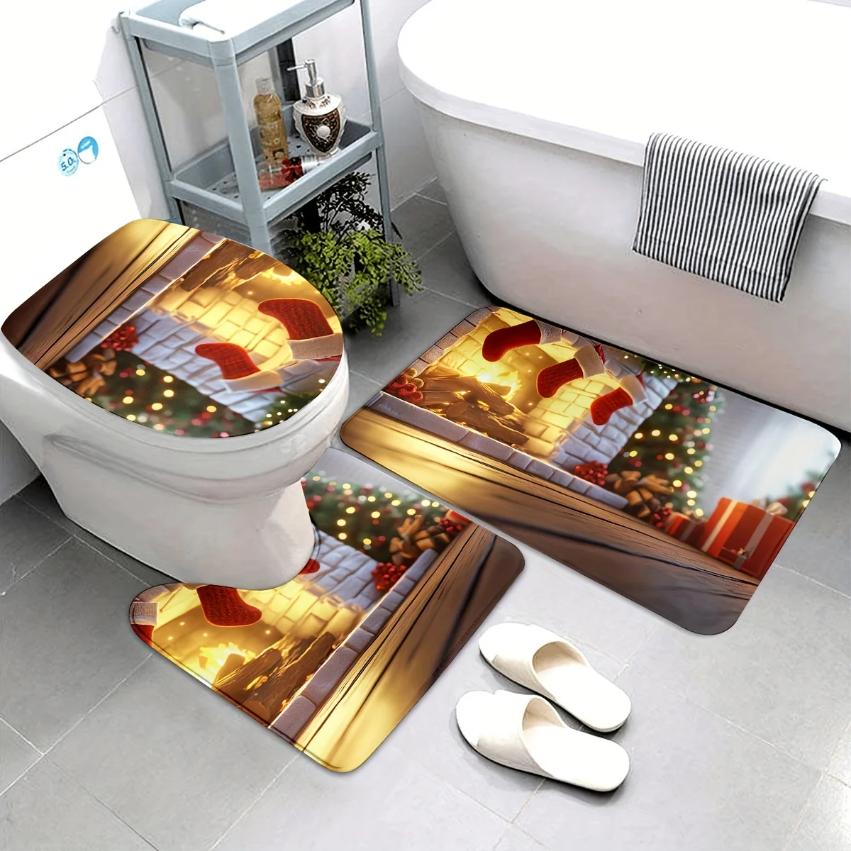 

Рождественский камин для ванной комнаты, 3 шт., можно стирать в машине, подходит для ванной комнаты, U-образный коврик, нескользящий коврик, коврик для сиденья унитаза