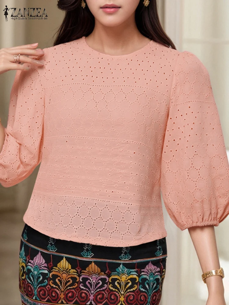 

2025 ZANZEA Summer Lace Crochet Shirt Women Bohemain Holiday Blouse Casual O Neck 3/4 Short Sleeve Work Blusas Patchwork Tops