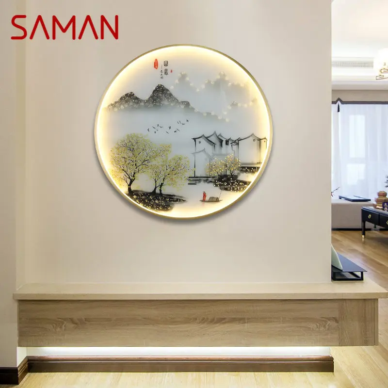 SAMAN Wall Lamps Modern Landscape Painting LED Sconces Round Light Creative For Home Bedside