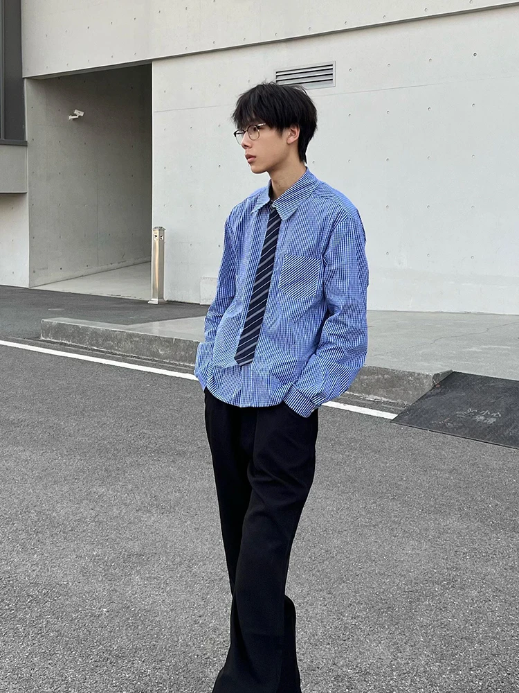 

Blue Plaid Long Sve irt Men's Summer High End Feeling Patchwork College Sle Jaet Stand Fit Youth Faion Wear Res...