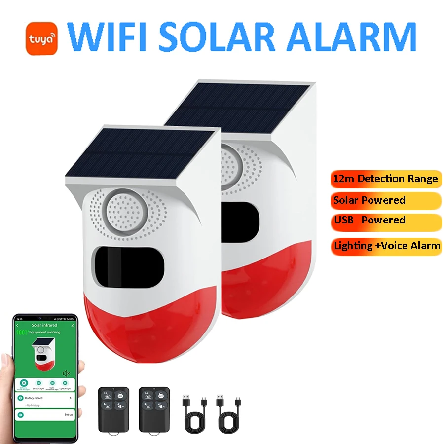 WiFi Tuya 2in1 Smart Remote Control Outdoor Charging Security Sound Alarm Detector Sensor Farm Garden Solar Infrared Siren Solar