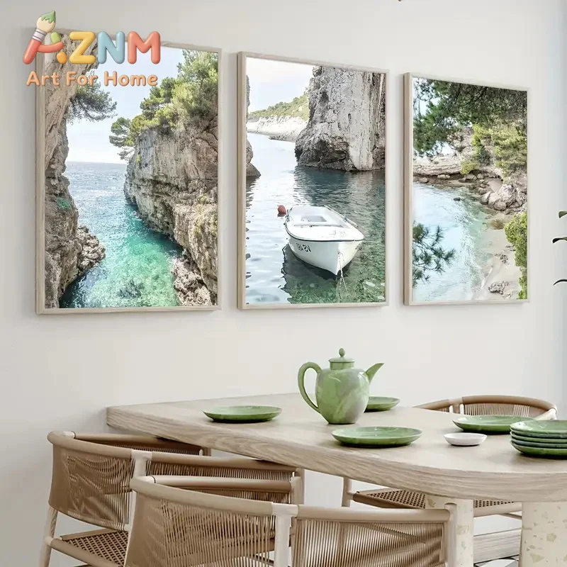 3pcs/Set Bay Transparent Water Boat Art Wall Decoration Canvas Poster Beautiful Strait Scenery Living Room Bedroom Home Decor