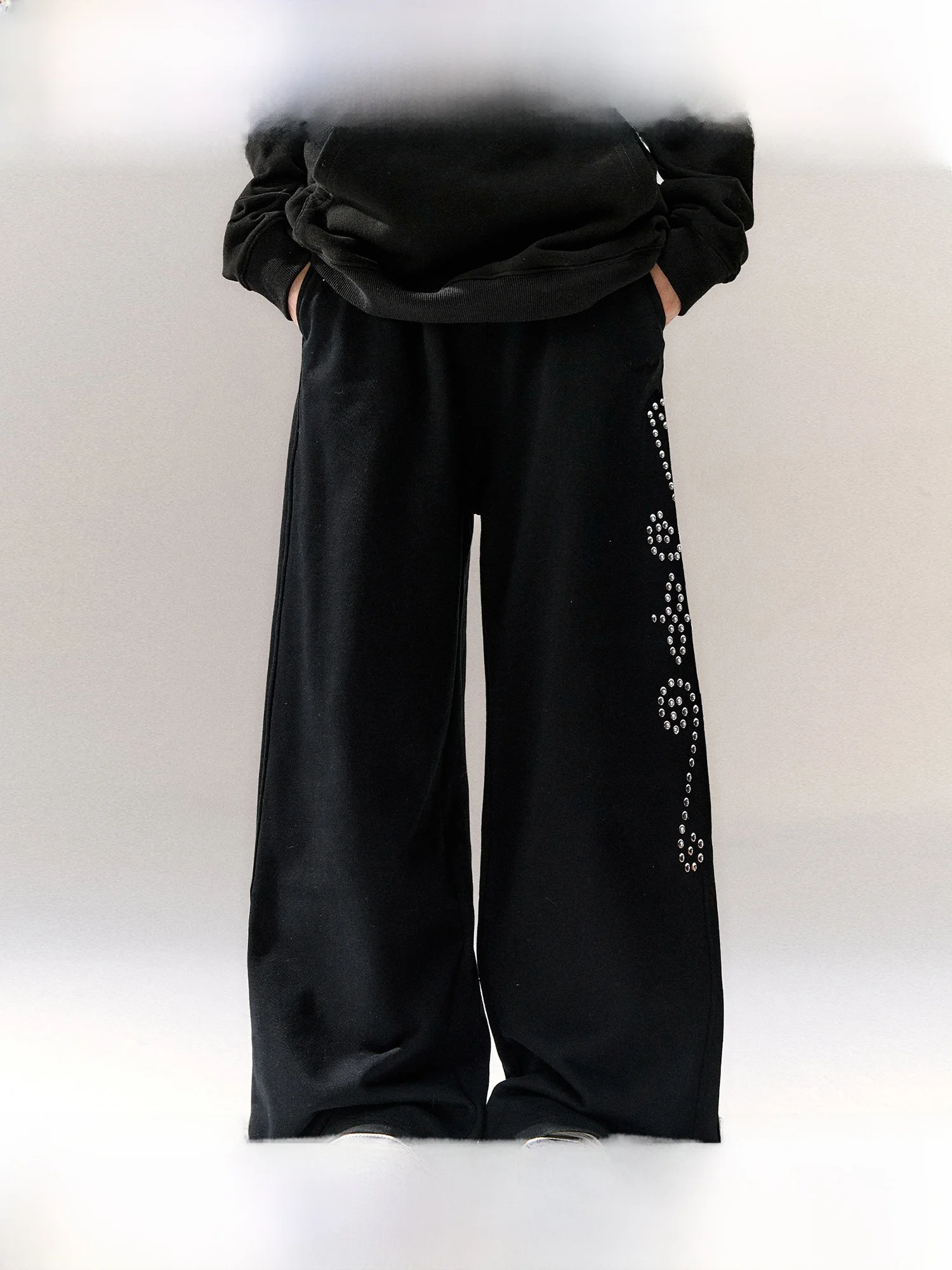 Black Splice Straight Leg Sports Pants Women's High Waist Wide Leg Pants Casual Versatile Diamond Heat Transfer Pants