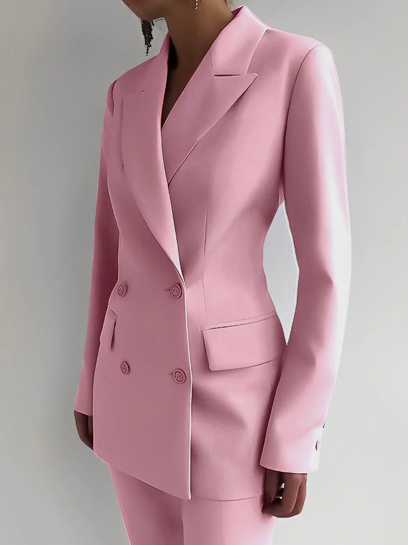 

Women Suit Set 2 Pcs Pink Double Breasted Jacket Solid Color Business Formal Pantsuits Trousers Coat Leisure Lady Wear