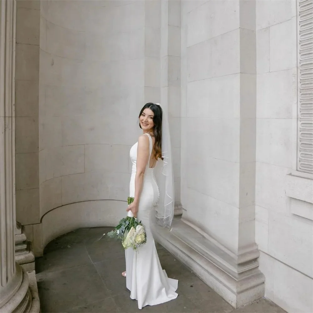 Vestido De novia personalizado con cuello cuadrado, traje De novia con tirantes finos, espalda abierta, tren De barrido, 2025